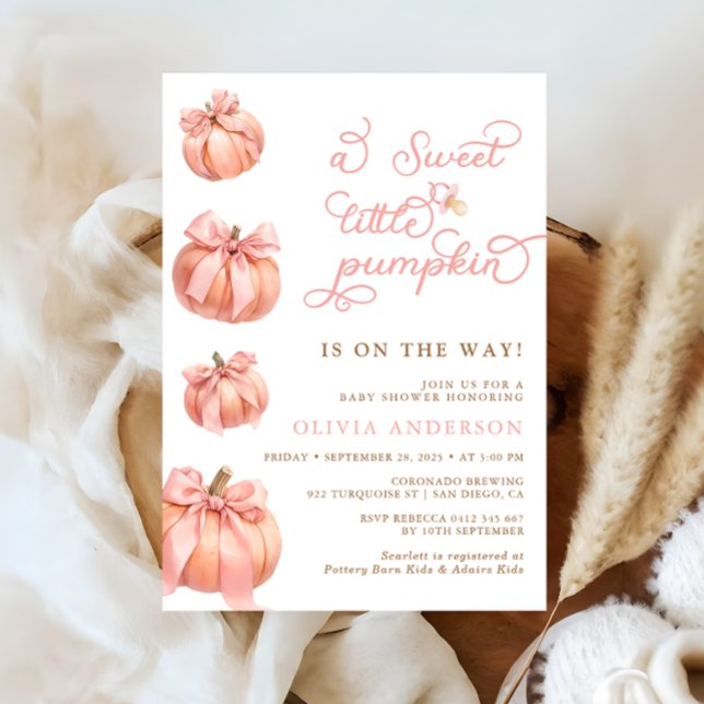 Sweet Little Pumpkin Pink Bow Girl Baby Shower Invitation (Creator Uploaded)