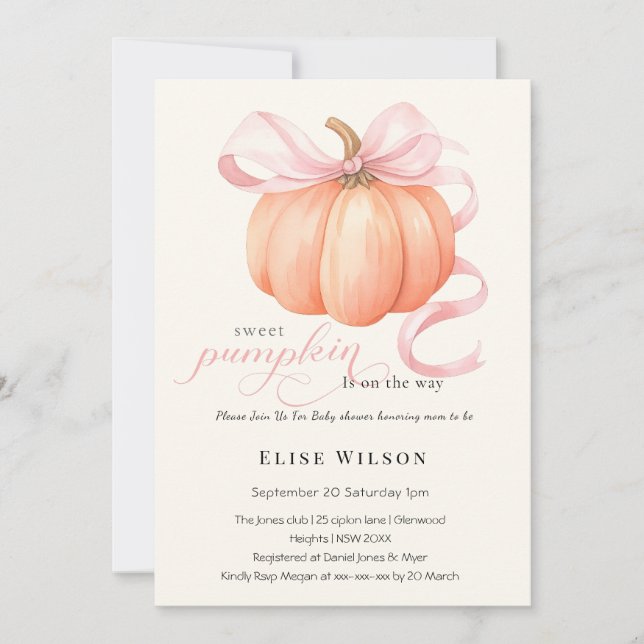 Sweet Little pumpkin pink bow is on the way Invitation (Front)