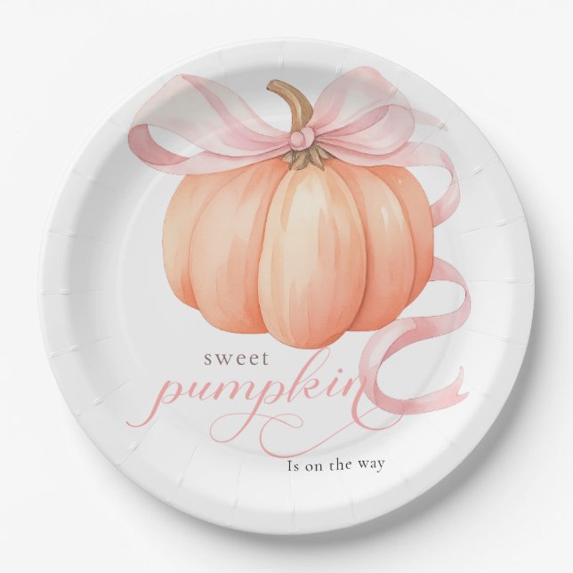 Sweet Little pumpkin pink bow is on the way Paper Plate (Front)