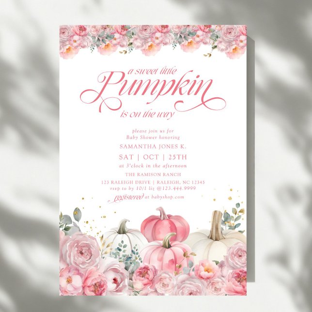 Sweet Little Pumpkin Pink Floral Fall Baby Shower Invitation (Creator Uploaded)