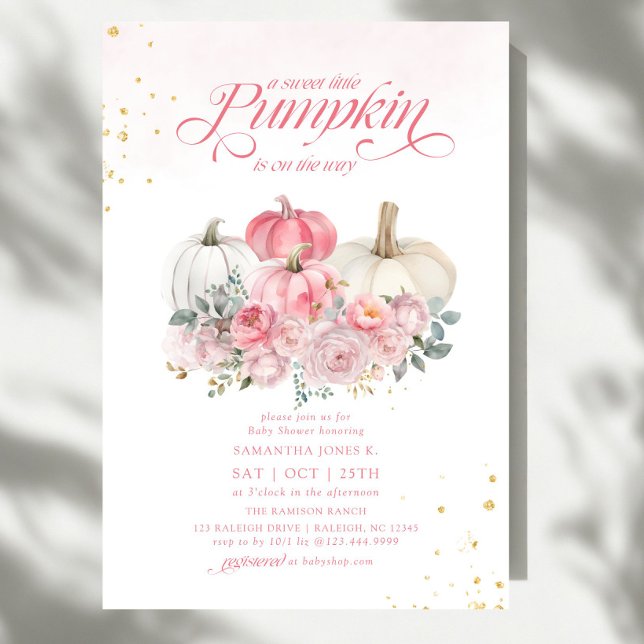Sweet Little Pumpkin Pink Floral Fall Baby Shower Invitation (Creator Uploaded)