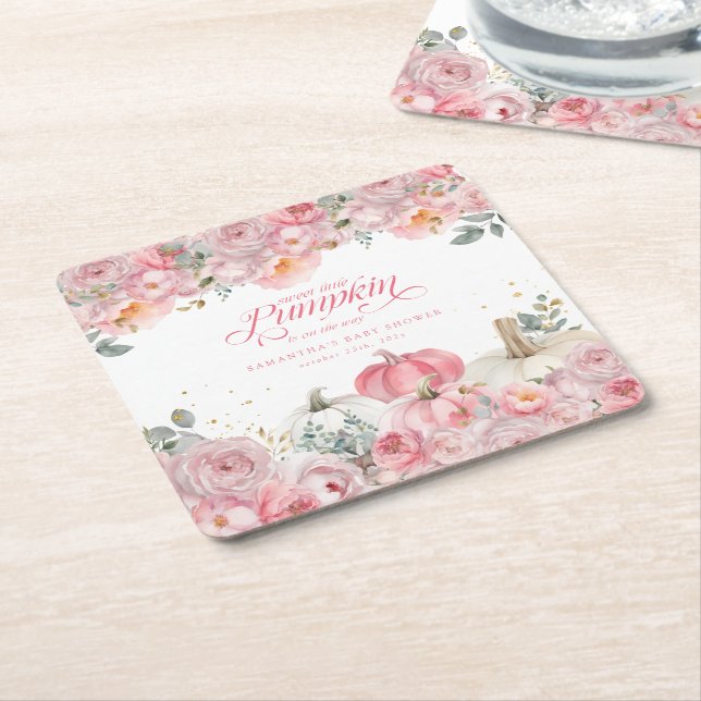 Sweet Little Pumpkin Pink Floral Fall Baby Shower  Square Paper Coaster (Angled)
