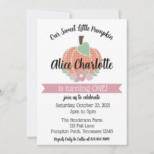 Sweet Little Pumpkin Pink Girl First 1st Birthday  Invitation