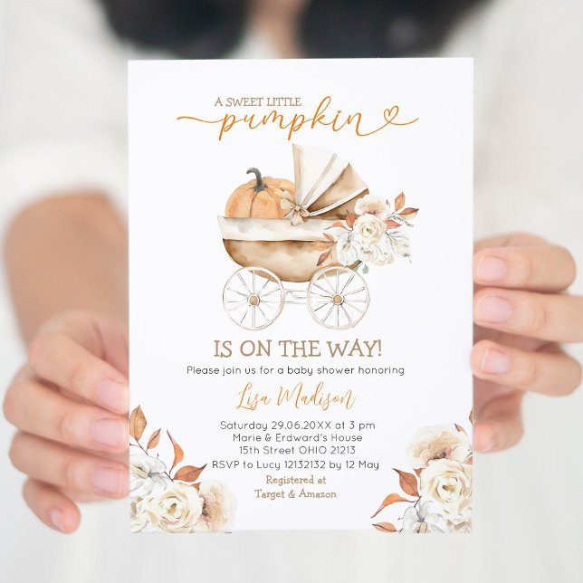 Sweet Little Pumpkin Stroller Floral Baby Shower Invitation (Creator Uploaded)