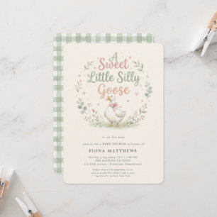 Sweet Little Silly Goose Sage Gingham Baby Shower Invitation
