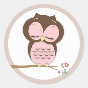 Sweet Little Sleepy Girl Owl on a Branch Classic Round Sticker