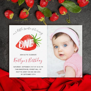 Sweet Little Strawberry 1st Birthday Photo Invitation