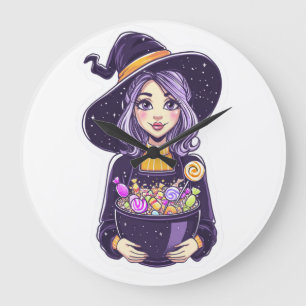 Sweet Little Witch with Magical Candy Bowl Large Clock