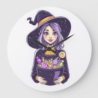 Sweet Little Witch with Magical Candy Bowl Large Clock