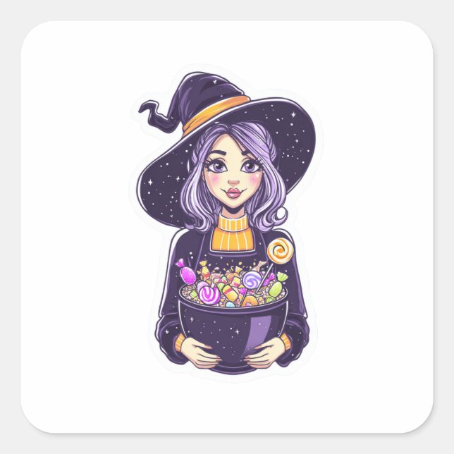 Sweet Little Witch with Magical Candy Bowl Square Sticker (Front)