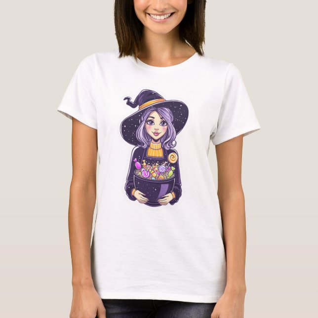 Sweet Little Witch with Magical Candy Bowl T-Shirt (Front)