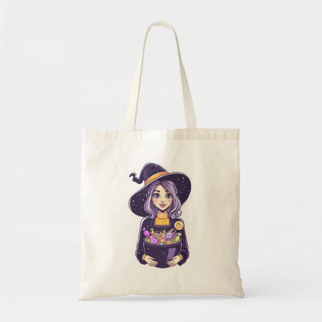 Sweet Little Witch with Magical Candy Bowl Tote Bag (Front)