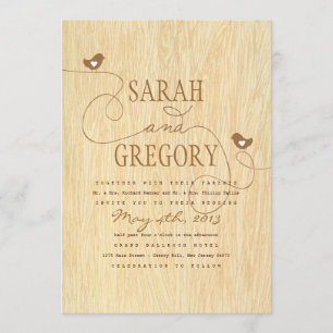 Sweet Love Birds on Woodgrain Wedding Invitation