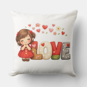 Sweet "LOVE" Heart & Chibi Girl Throw Pillow