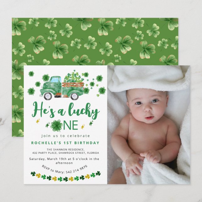 Sweet Lucky One Photo Birthday Party Invitation (Front/Back)