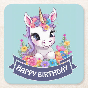 Sweet Magical Baby Unicorn Square Paper Coaster