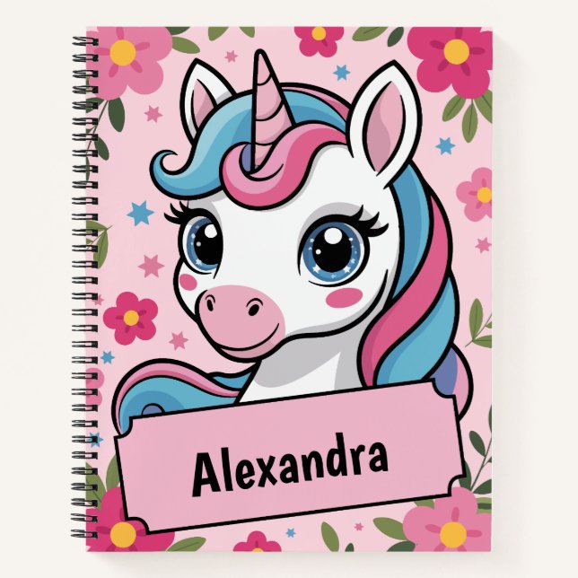 Sweet Magical Unicorn Design Personalised Girly  Notebook (Front)