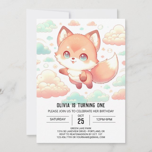 Sweet Majestic Fox 1st Birthday Invitation (Front)