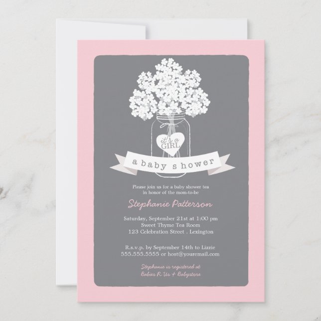 Sweet Mason Jar Pink | Grey Baby Shower Invitation (Front)