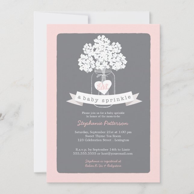 Sweet Mason Jar Pink | Grey Baby Sprinkle Invitation (Front)