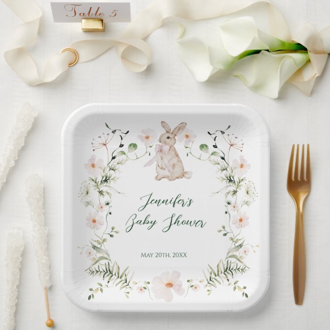 Sweet Meadow Bunny & Wildflowers Baby Shower Paper Plate (Wedding)