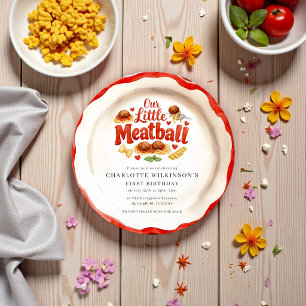 Sweet Meatball Red White Watercolor First Birthday Invitation