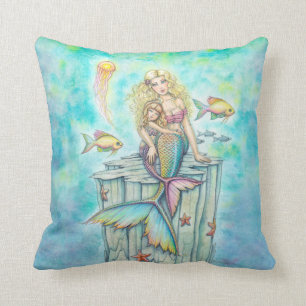 Sweet Mermaid and Daughter Fantasy Watercolor Art Cushion