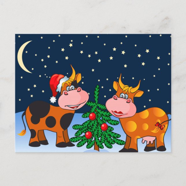Sweet Merry Christmas Cow Couple By Christmas Tree Holiday Postcard (Front)