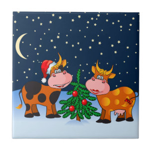 Sweet Merry Christmas Cow Couple By Christmas Tree Tile