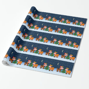 Sweet Merry Christmas Cow Couple By Christmas Tree Wrapping Paper
