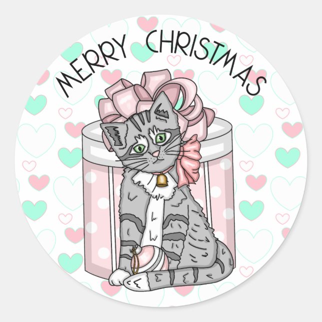 Sweet Merry Christmas Grey Kitten Pink Presents Classic Round Sticker (Front)