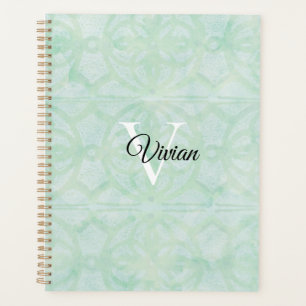 Sweet Mint Green Batik Elegant Monogram Name Planner