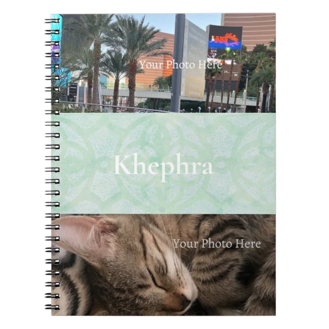 Sweet Mint Green Batik Name and Photo Collage Notebook (Front)