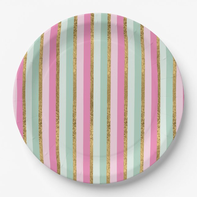 Sweet Mint Green Pink And Gold Stripes Paper Plate (Front)