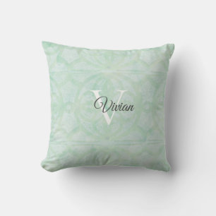 Sweet Mint Green Watercolor Monogram Name Cushion