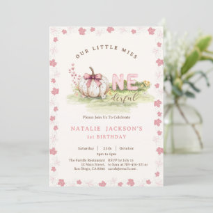 Sweet Miss Onederful Pink Bow Pumpkin 1st Birthday Invitation