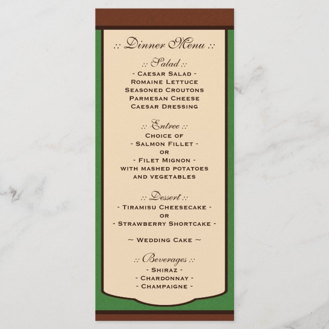 Sweet Mocha & Green Wedding Reception Menus (Front)