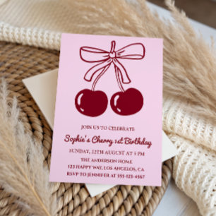 Sweet Modern Cherry 1st Birthday Party Invitation