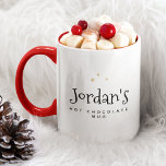 Sweet Modern Custom Name Script Hot Chocolate Mug<br><div class="desc">Sweet Modern Custom Name Script Hot Chocolate Mug with magic pretty gold stars and spruce illustration on the back.</div>