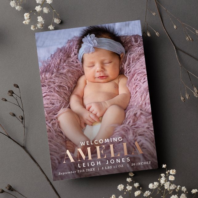 Sweet Modern Foil Photo Birth Announcement (Creator Uploaded)