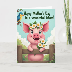 Sweet Mothers Day Pig Illustration Card