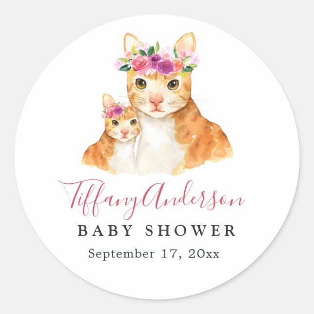 Sweet Mum And Baby Cat Floral Baby Shower Sticker (Front)