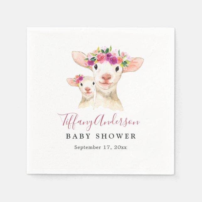 Sweet Mum And Baby Lamb Floral Baby Shower Napkin (Front)