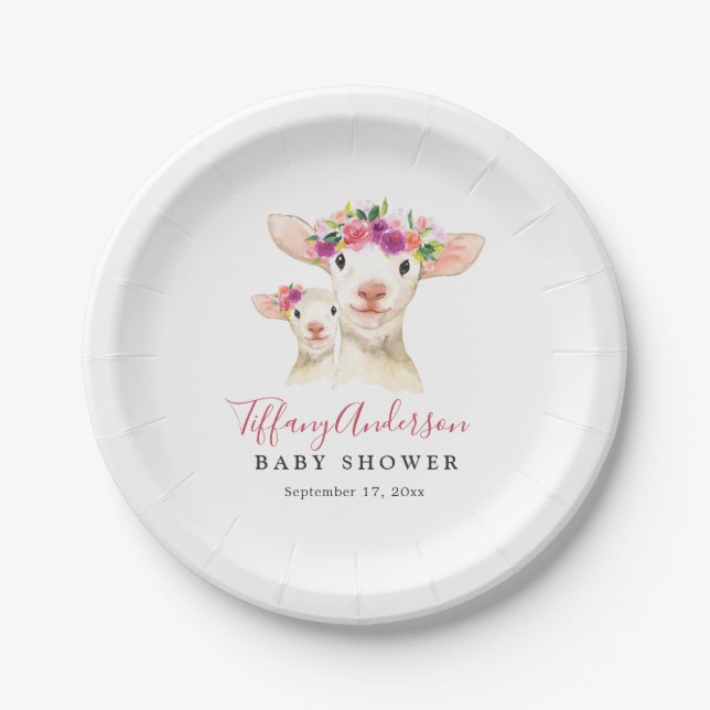 Sweet Mum And Baby Lamb Floral Baby Shower Plate (Front)
