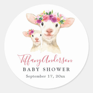 Sweet Mum And Baby Lamb Floral Baby Shower Sticker