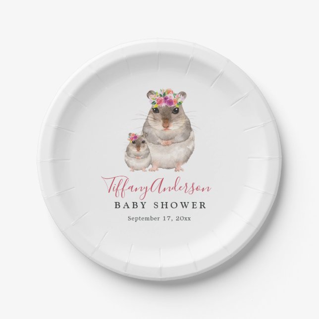 Sweet Mum And Baby Mouse Floral Baby Shower Plate (Front)