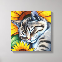 Sweet Napping Grey Cat and Sunflower