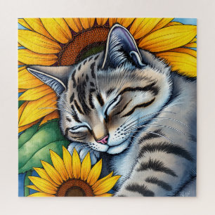 Sweet Napping Grey Cat and Sunflower Jigsaw Puzzle