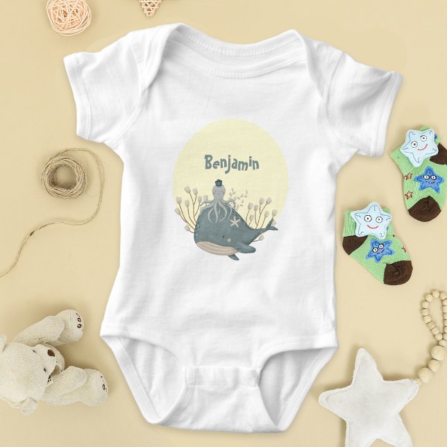 Sweet Nautical Whale Octopus Baby Shower  Bodysuit (Sweet Nautical Whale Squid Watercolor Baby Shower Baby Bodysuit ©Susanne Sachers - Sunny Mind Design)