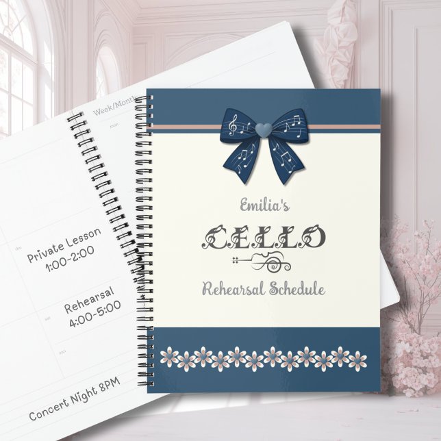 Sweet Navy Floral Bow Cello Sheet Music Planner (Sweet navy floral cello planner for teen girls to organize music lessons and concert dates.)